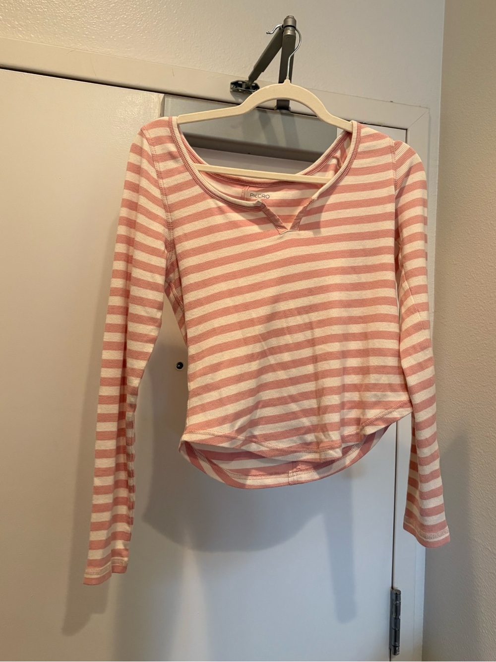 Anthropologie Pink and White Striped Long-Sleeve Scoop Neck Top